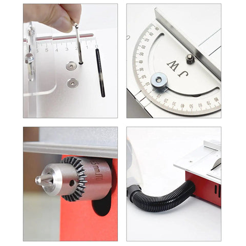 Slick Mini Table Saw Fueled By A Rugged Dual Motor For Quick Wood And Pcb Cuts detailed angles and precision adjustments.