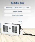 Room To Room Air Transfer Fan With Two Way Reversible Through Wall Ventilation 300 CFM Dual Fans Remote Control shown with dimensions.