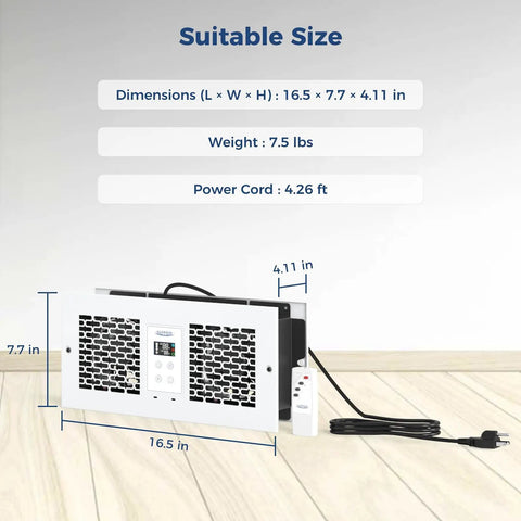 Room To Room Air Transfer Fan With Two Way Reversible Through Wall Ventilation 300 CFM Dual Fans Remote Control shown with dimensions.