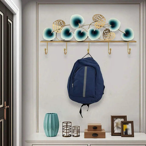 Slick Leaf Design Wall Mounted Coat Rack For Entryway Door with backpack hanging, featuring rust resistant metal hooks and leaf details.