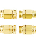 Heavy Duty Garden Hose Repair Kit For Five Eighths Inch Hoses With Aluminum End Fittings Male And Female Connectors Washers Leakproof Fix It Fast For Outdoor Water Hoses Two Sets, brass color fittings displayed front view.