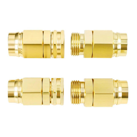 Heavy Duty Garden Hose Repair Kit For Five Eighths Inch Hoses With Aluminum End Fittings Male And Female Connectors Washers Leakproof Fix It Fast For Outdoor Water Hoses Two Sets, brass color fittings displayed front view.