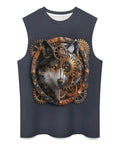 Mens Loose Fit Viking Wolf Graphic Workout Tank Top Muscle Gym Sleeveless Tee in dark color with gear design.