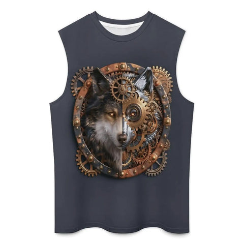 Mens Loose Fit Viking Wolf Graphic Workout Tank Top Muscle Gym Sleeveless Tee in dark color with gear design.