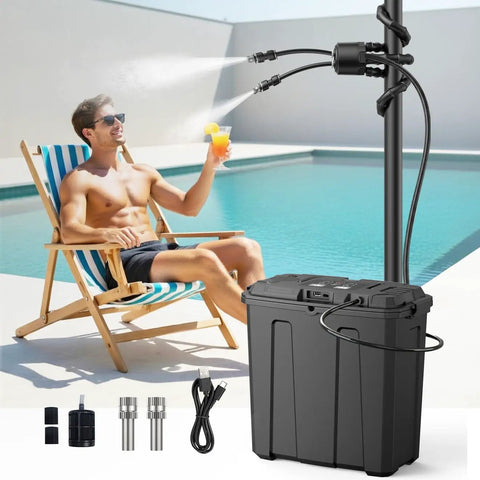 Portable Outdoor Misting System With 9L Water Bucket, Built-In 10000mAh Battery And PCS Pump cooling by poolside
