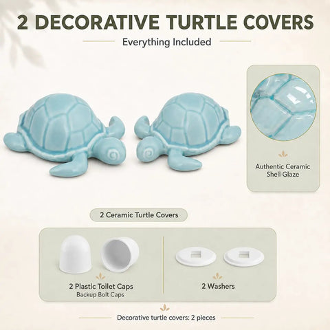 Blue Ceramic Sea Turtle Toilet Bolt Covers 2 Pack Quick Conceal Rusty Seat Bolts with bases and washers included.