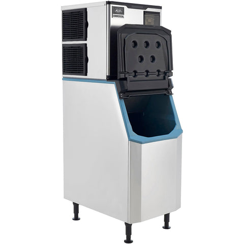 Heavy Duty Commercial Ice Maker With 230 Lb Storage Bin And Air Cooled Design, Produces 420 Lbs Of Smooth Ice Daily, Built Ridiculously Tough In 304 Stainless Steel For Bars And Kitchens, Total No Sweat Self Cleaning - Front view with storage bin.