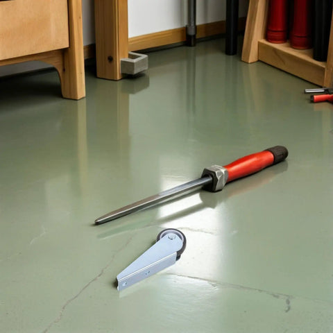 Four Piece Heavy Duty Sliding Door Track Rollers With Solid Steel Core And Premium Rubber Wheels For A Slick Silent Glide No Sweat Side Mount Setup On Closet Or Kitchen Doors on workshop floor with tools.