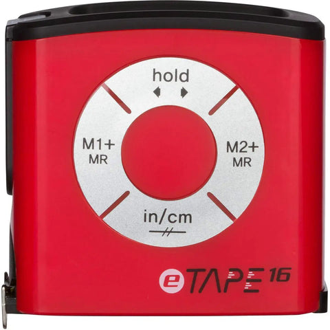 Close-up of eTape16 with controls visible, Digital Tape Measure Three Quarter Inch By Sixteen Foot Pro Grade Build Weatherproof