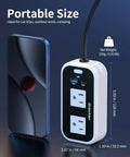 Hella Reliable 200W Car Power Inverter With Dual AC Outlets, 30W PD Fast Charger And QC3.0 USB Port, Zero Hassle DC To AC Converter For Laptops, Smartphones, And On The Go Charging Needs next to a smartphone, showcasing its portable size.