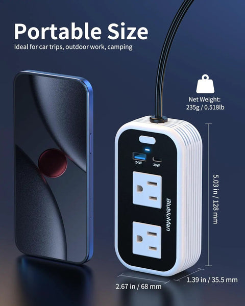 Hella Reliable 200W Car Power Inverter With Dual AC Outlets, 30W PD Fast Charger And QC3.0 USB Port, Zero Hassle DC To AC Converter For Laptops, Smartphones, And On The Go Charging Needs next to a smartphone, showcasing its portable size.