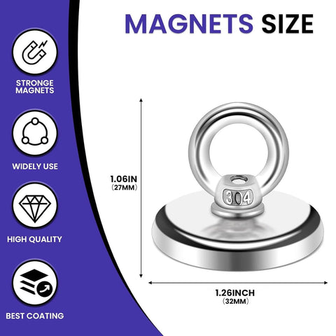 Front view of a round neodymium fishing magnet with eyebolt ring and base, 1.26 in diameter, 1.06 in tall, stamped 304.