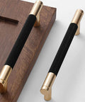 Gold and Black Knurled Bar Cabinet Pulls Sleek with 5 Inch Center to Center, 6.2 Inch Length installed on wooden cabinet