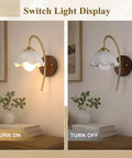 Vintage Wireless Wall Sconces Set of Two Dimmable Rechargeable Wall Sconce displayed turned on and off, showing brass arm and ceramic shade.