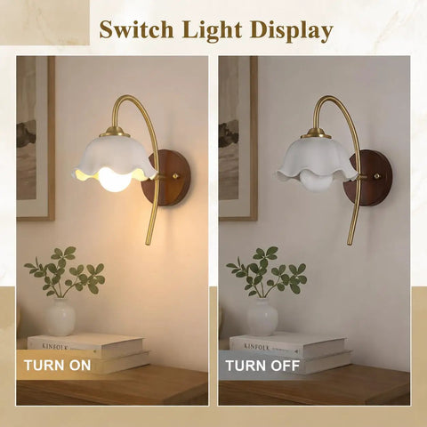 Vintage Wireless Wall Sconces Set of Two Dimmable Rechargeable Wall Sconce displayed turned on and off, showing brass arm and ceramic shade.