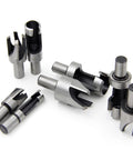 Straight Up Badass Eight Piece Wood Plug Cutter Drill Bit Set With Tapered And Straight Cutters For Legit Diy Woodworking Projects and Slick Heavy Duty Steel Hole Repairs, showing drill bits arrangement.