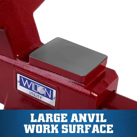 Beefy Utility Bench Vise With 6-1/2 Inch Jaw Width, 6 Inch Opening, 4 Inch Throat, 360 Degree Swivel Base, Dual Lock-Downs, Serrated Hardened Jaws, Built-In Pipe Jaws, And Large Anvil Work Surface For Pro Shop Tasks. Red vise with large anvil surface