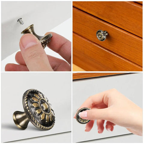Pretty Dang Slick Antique Zinc Alloy Cabinet Drawer Pulls And Round Vanity Knobs For Kitchen Bathroom Bedroom Furniture Makeover Projects With High Quality Modern Classic Look, close-up of hand installing a vintage round knob.