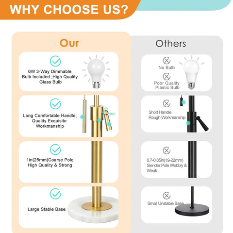 Comparison chart for Gold Floor Lamp For Living Room 55-67 Inch Tall Height Adjustable Modern Standing Lamp With Marble Base