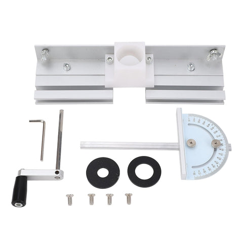 Hand Cranked Router Table Lift System With 51mm Stroke And Four Jaw Clamp Universal Base for Woodworking Machines shown on a workbench.