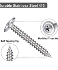 Rock Solid 150 Piece Set Of Heavy Duty Eight By One Inch Phillips Truss Head Stainless Steel Self Tapping Fasteners showcasing durable stainless steel 410 screw with truss head.