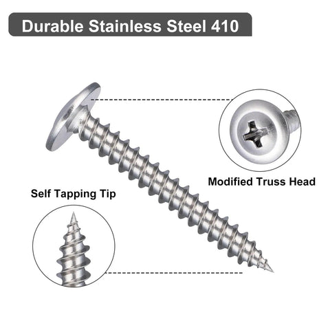 Rock Solid 150 Piece Set Of Heavy Duty Eight By One Inch Phillips Truss Head Stainless Steel Self Tapping Fasteners showcasing durable stainless steel 410 screw with truss head.