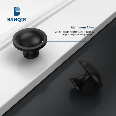10 Pack Black Round Mushroom Cabinet Knobs For Dresser And Drawer 1.5 Inch Diameter, shown in aluminum alloy, close-up