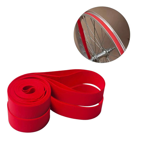 2 Pack 26 Inch Red Bicycle Rim Strip Tape With Nylon Inner Tube Protection Liner for mountain and road bikes, shown coiled and on wheel.