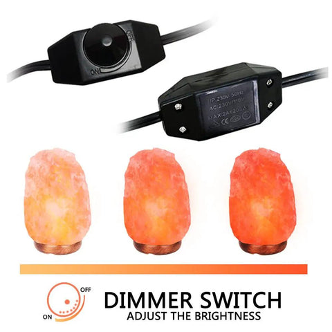 Himalayan Salt Lamp Cord With Dimmer Switch Kit Six Foot Long displayed with three glowing salt lamps and dimmer switch details