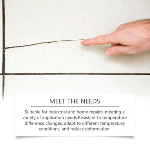 Cracked tile with hand pointing, showcasing All In One Tile Crack Repair Kit For DIY Pros With Quick Drying Glue And Complete Tool Set text.