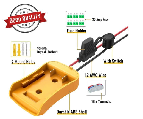 Ride On Car Conversion Kit With 20V Tool Battery Adapter For 12V To 24V Toys, features labeled parts including 30A fuse and ABS shell.