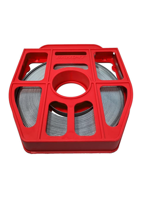 Heavy Duty Three Quarters Inch Stainless Steel Band Strap 0.030 Inch Thick, 201 Bright Annealed Finish, 100 Foot Roll In Red Tote