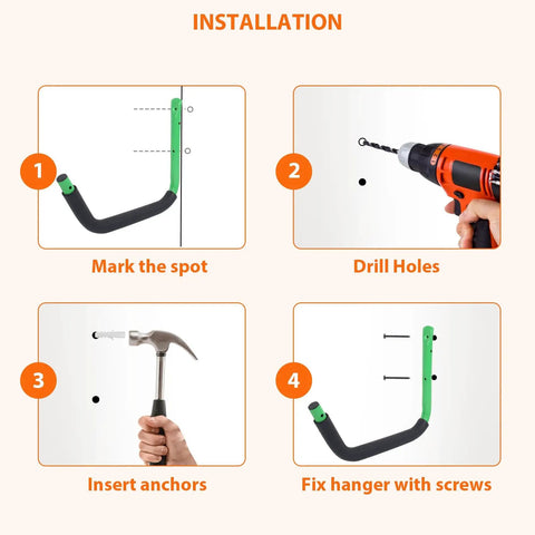 Installation steps showing how to mount Heavy Duty Kayak Wall Mount Rack Kit Four Pack Green With Straps 100 Lb Capacity.