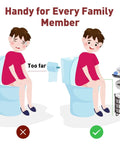 Comparison image showing child reaching for toilet paper. Right side features a Free Standing Toilet Paper Holder Stand Dispenser With Top Shelf.