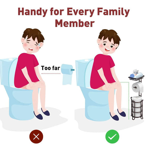 Comparison image showing child reaching for toilet paper. Right side features a Free Standing Toilet Paper Holder Stand Dispenser With Top Shelf.
