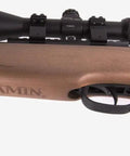 Close-up of Trail XL Magnum 22 Caliber Break Barrel Air Rifle With Wood Stock And CenterPoint 3-9x40 Scope trigger and scope.