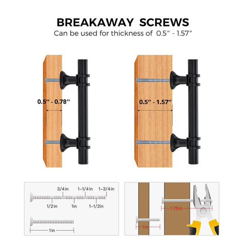 Diagram showing breakaway screws with black cabinet pulls for 0.5''-1.57'' thickness, part of Black Cabinet Pulls 25 Pack, 3 Inch Hole Center.