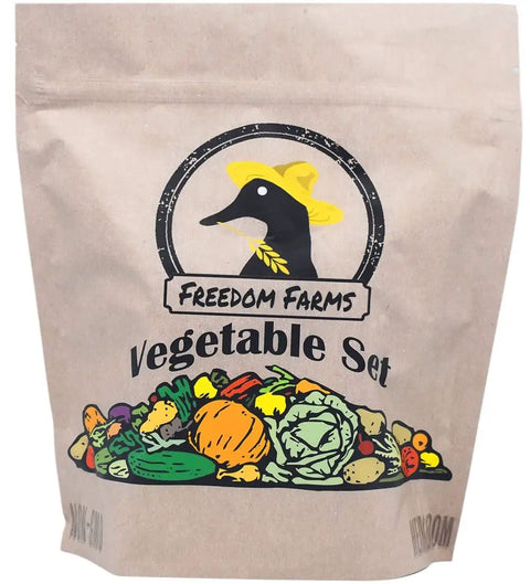 Brown paper packaging with illustrated vegetables, labeled 'Freedom Farms Vegetable Set'