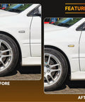 Before and after installation of Mitsubishi Lancer VIII Front LED Side Marker Lights with Clear Lens Yellow LED Turn Signals on fender.