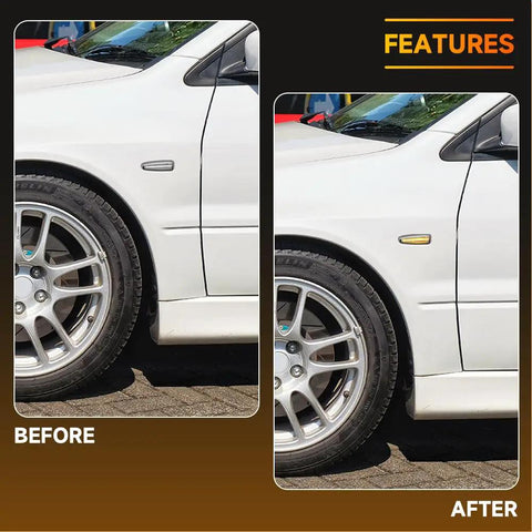 Before and after installation of Mitsubishi Lancer VIII Front LED Side Marker Lights with Clear Lens Yellow LED Turn Signals on fender.