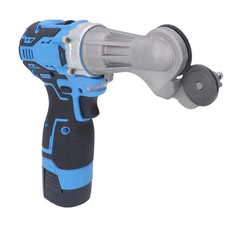 Jauarta Cordless Plate Shear Electric Drill Sheet Cutter With Ti Steel Gear showing ergonomic grip and metal cutting attachment.