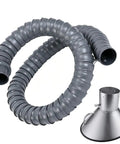 Heavy Duty Industrial Fume Extractor Arm Featuring Hella Flexible Sculptable Ventilation Hose And Knockout Adjustable Valve Plus Sturdy Stainless Steel Dust Collection Hood close-up of flexible ventilation hose and stainless steel hood
