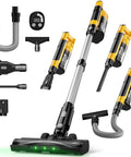 Cordless Vacuum Cleaner For Dewalt 20V Battery Compatible 7 In 1 Lightweight Stick Vacuum With HEPA Filter 350W Brushless Motor 35KPa Suction 3 Modes For Carpet Floor And Car Battery Not Included, shown with various attachments and yellow accents.