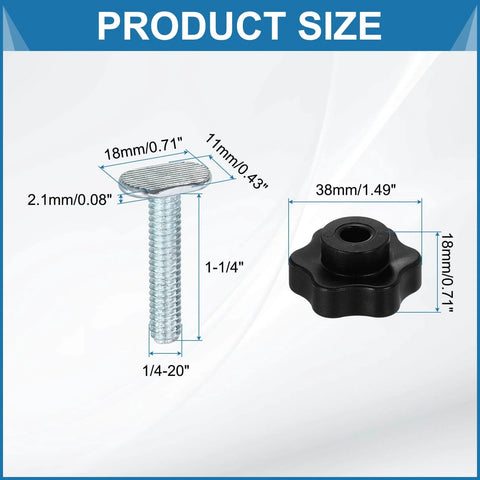 Dimensions of components in 8 Pack T Track Knob Kit With Star Knobs And 1/4-20 X 1-1/4 T Slot Bolts For Woodworking Jigs And Fixtures, Drop-In Sliding Bolts