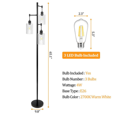 Industrial Tree Floor Lamp With Three Hanging Bubble Glass Shades And Edison LED Bulbs Sturdy Vintage Pole Light For Living Room Bedroom Or Office Farmhouse Rustic Style With 360 Degree Beam Tall Modern Rustic Decor