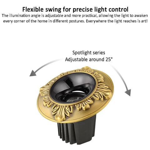 Top Shelf 4.5 Inch Adjustable Led Recessed Downlight Featuring Directional Beam And Slick Brass Trim With Heavy Duty Heat Sink, flexible swing design.