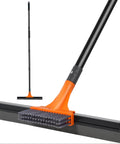 Heavy Duty 2-In-1 Floor Squeegee Workhorse With 16-Inch Rubber Blade And 6-Inch Scrub Brush 62-Inch Handle Perfect For Concrete Floors Tile Garage Deck Poolside And Outdoor Surfaces Streak Free Water Removal showing orange handle and bristle brush.