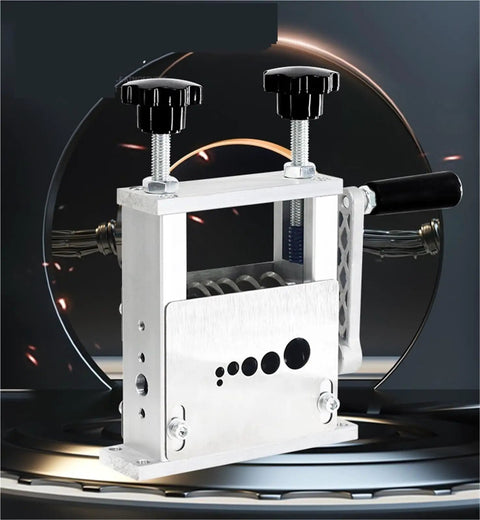 Heavy Duty Wire Stripper Machine Auto Manual Crank Copper Recycling Adjustable Cable Peelers with black knobs and steel body.