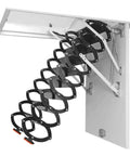 Heavy Duty Electric Attic Ladder Rock Solid Folding Loft Stairs Pull Down Ceiling Extension With Non Slip Steps No Bull Strength Titanium Magnesium Alloy Smooth Glide Telescopic Home Gear with black non-slip steps.