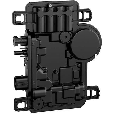 Top Shelf Micro Inverter With Standard Mc4 Connectors Designed For 320 To 540 Watt Solar Panels Running On Smooth Grid Forming Battery Setup And Slick App Dashboard Checks Every Day showing the black inverter unit with connectors on the side.